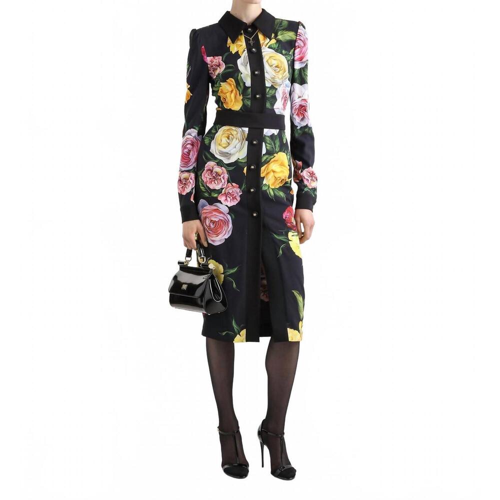 NEW DOLCE & GABBANA women's floral cady shirt dress in black peony and rose - Picture 2 of 5
